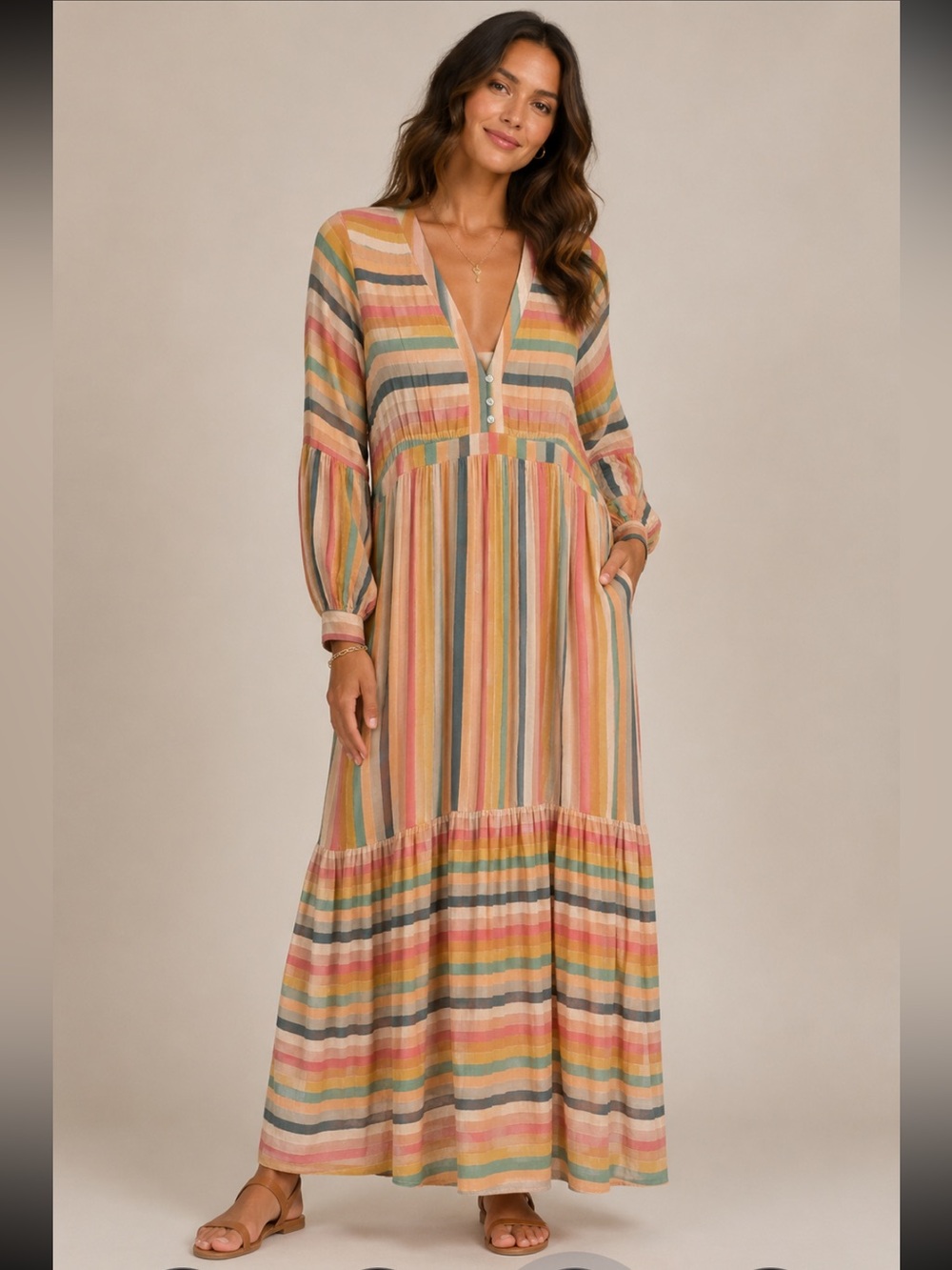 Striped Pastel Maxi Dress with V-Neck by Self Contrast